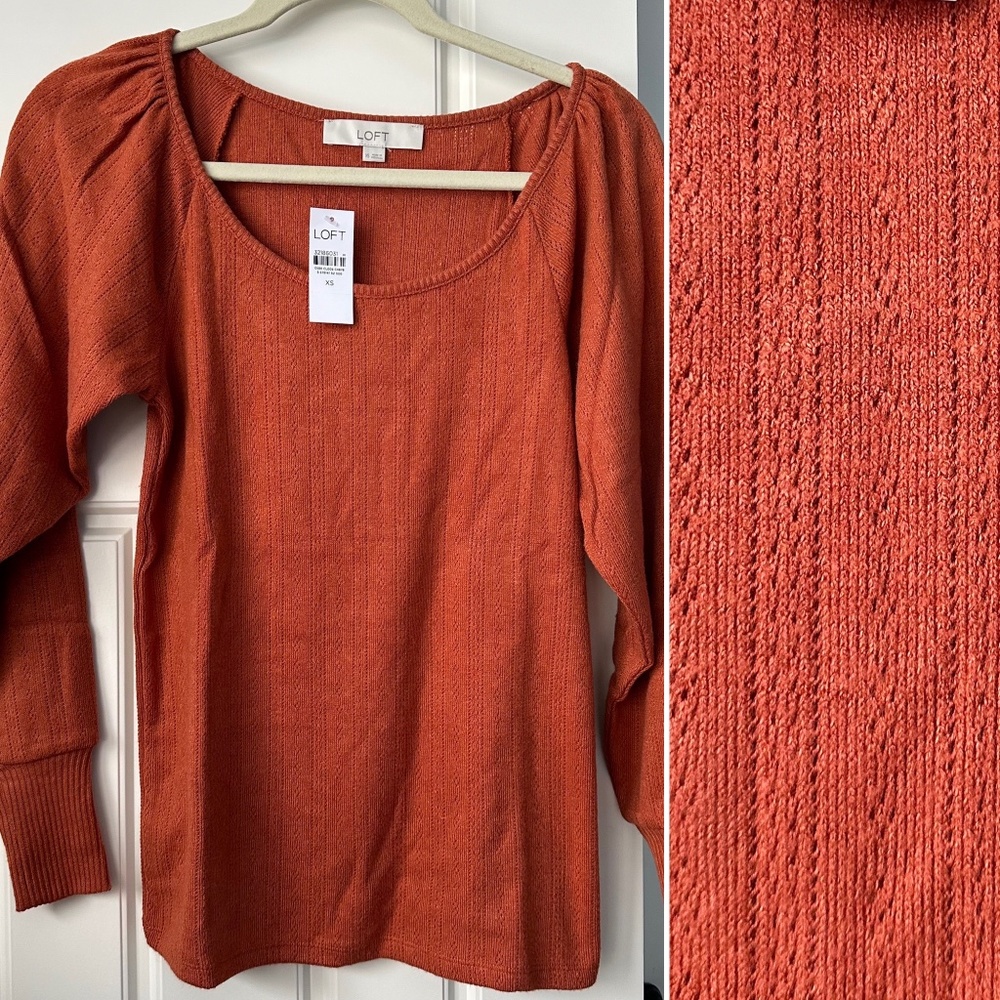LOFT Pointelle Pumpkin Spice Light Sweater w/gathered shoulders & cuffs. XS